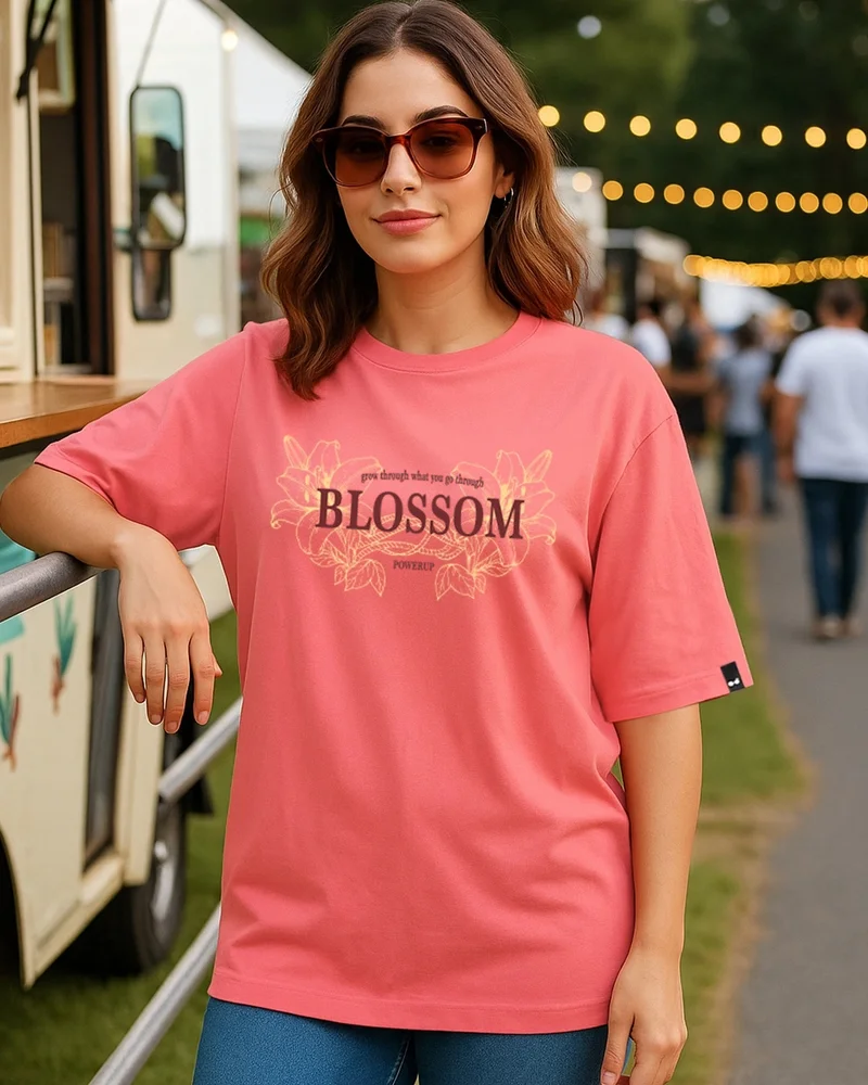 bewakoof Women's Coral Pink Blossom Graphic Printed Oversized T-shirt